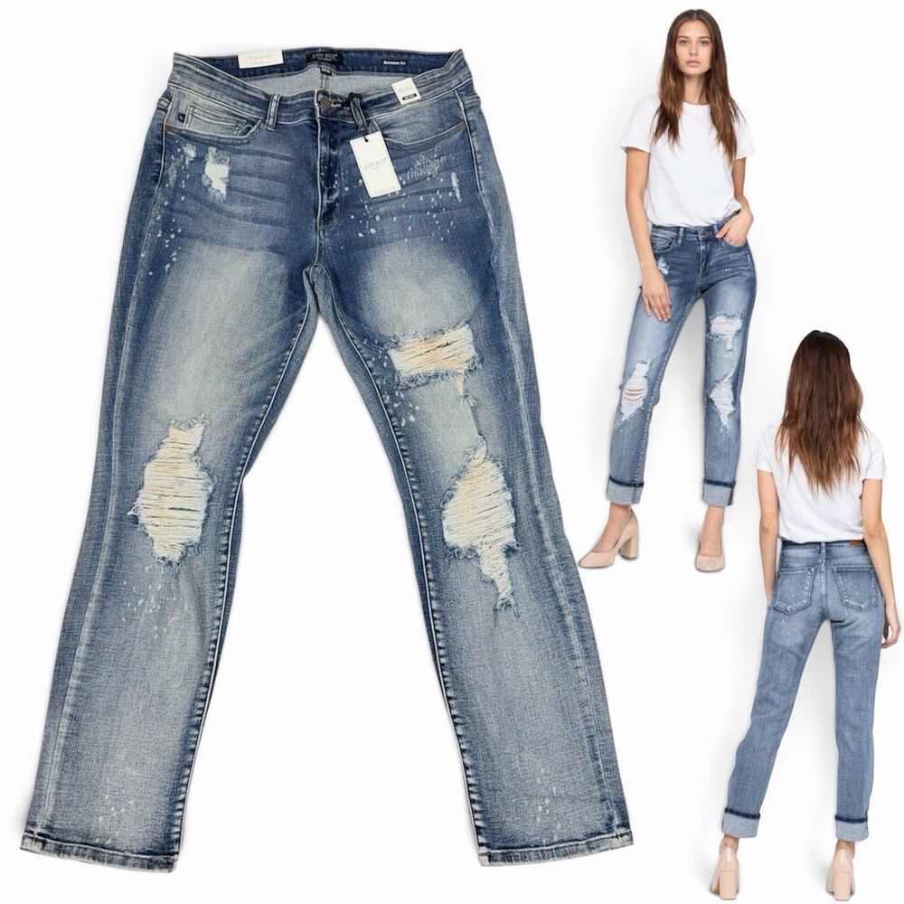 Judy Blue Destroyed Bleach Splatter Boyfriend Jeans Size 14W Mid Rise Distressed
